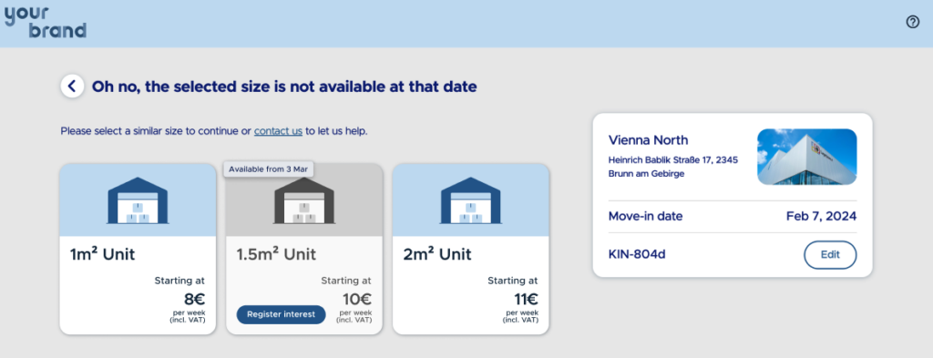 Screenshot of Kinnovis Booking Portal showing an unavailable unit.
