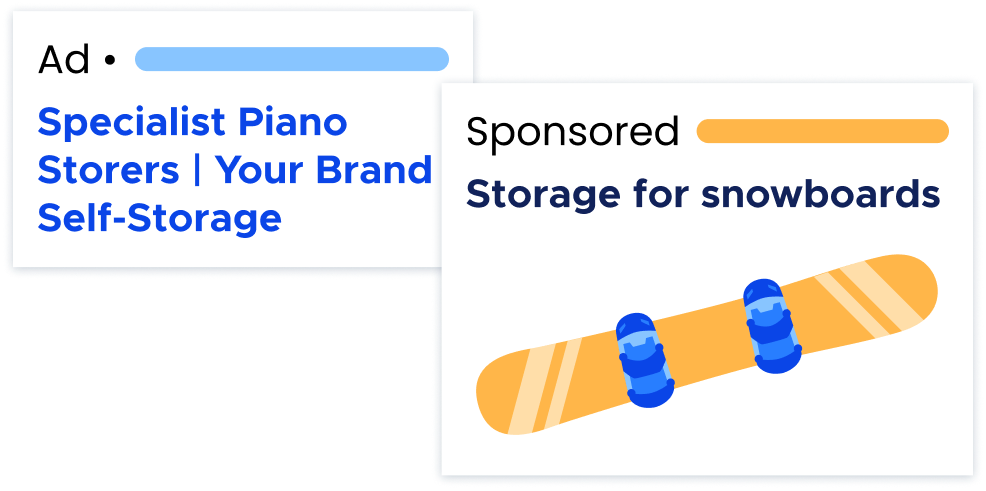 Illustration of Digital ads showcasing specialist piano storage and storage for snowboards.