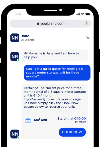 Mobile phone showing a conversation with a self-storage AI chatbot