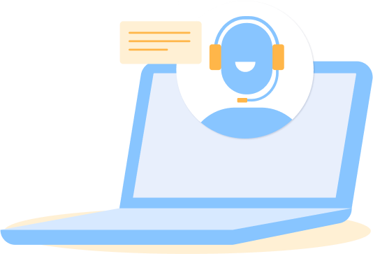 laptop graphic with a smiling customer service operator