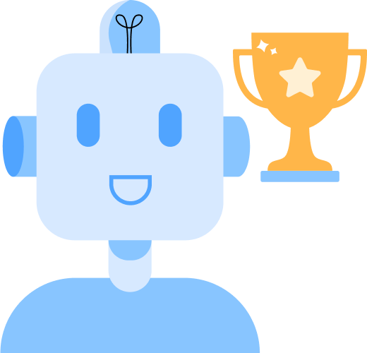 drawing of a happy robot and a trophy