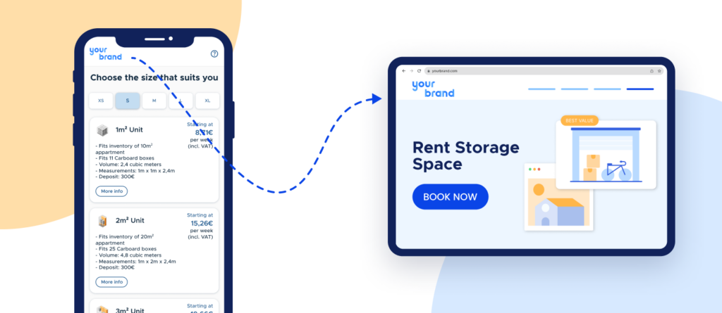 Illustration of a booking screen on a phone linking to website's homepage