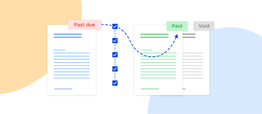 Illustrations of invoices being marked paid