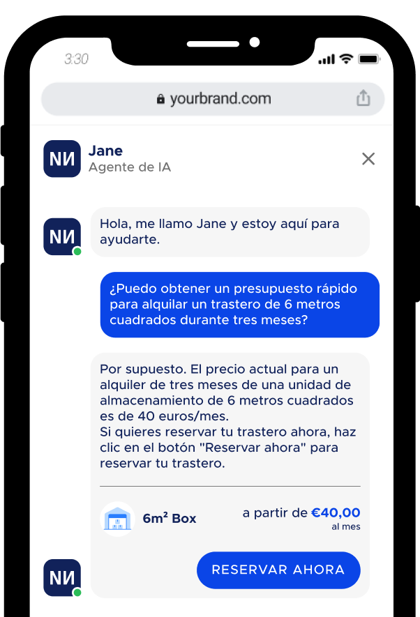 Mobile phone showing a conversation with a self-storage AI chatbot