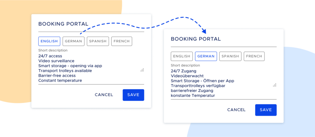 Menu system showing words in English and translated into German