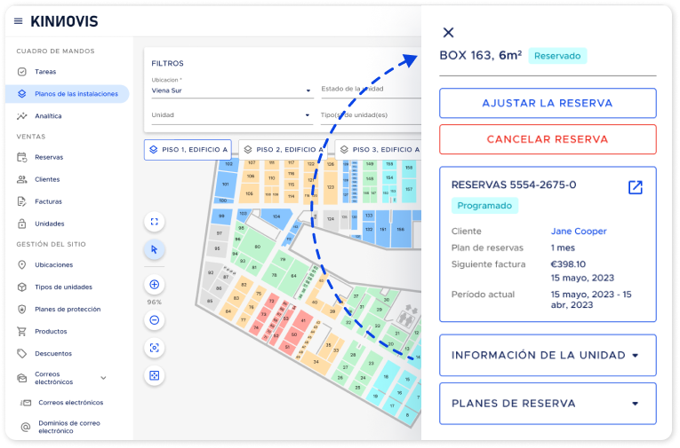 Screenshot of the facility map feature showing unit information sidebar