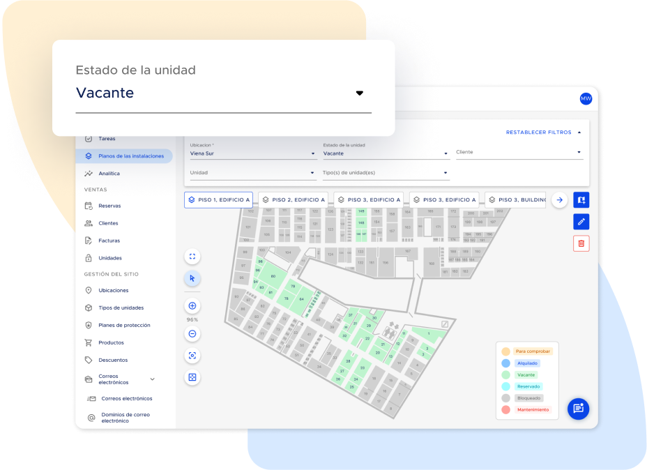 Screenshot of the facility map feature showing filter by unit status