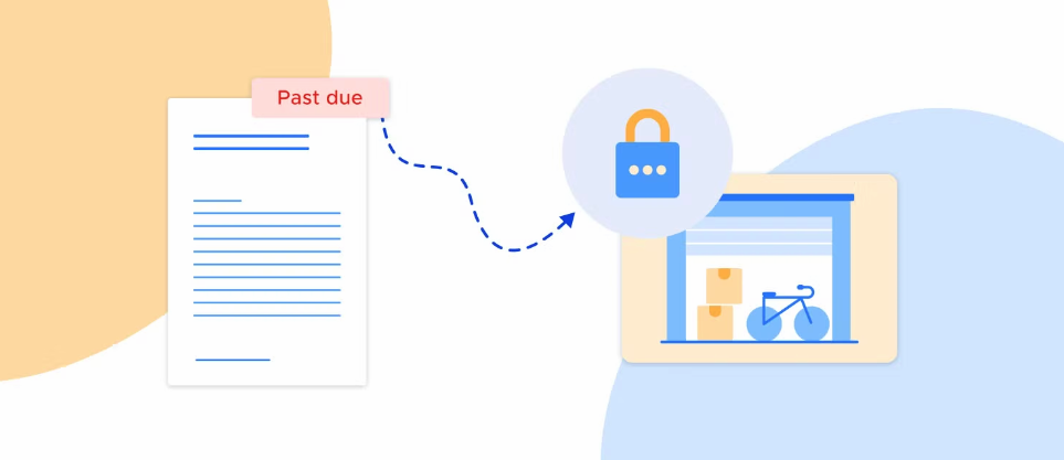 Graphic showing a padlock over a self-storage unit and a past due invoice.