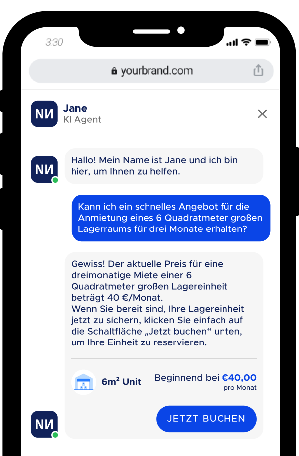 Mobile phone showing a conversation with a self-storage AI chatbot